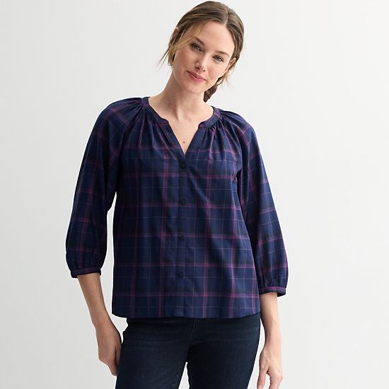 Petite Sonoma Goods For Life® Plaid Button-Through Peasant Top