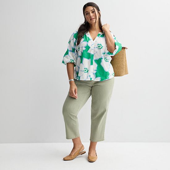 Plus Size Sonoma Goods For Life® Shirred Y-Neck Balloon Sleeve Blouse