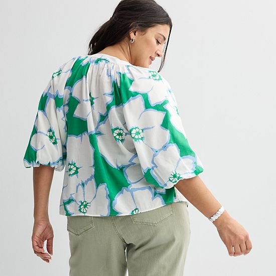 Plus Size Sonoma Goods For Life® Shirred Y-Neck Balloon Sleeve Blouse