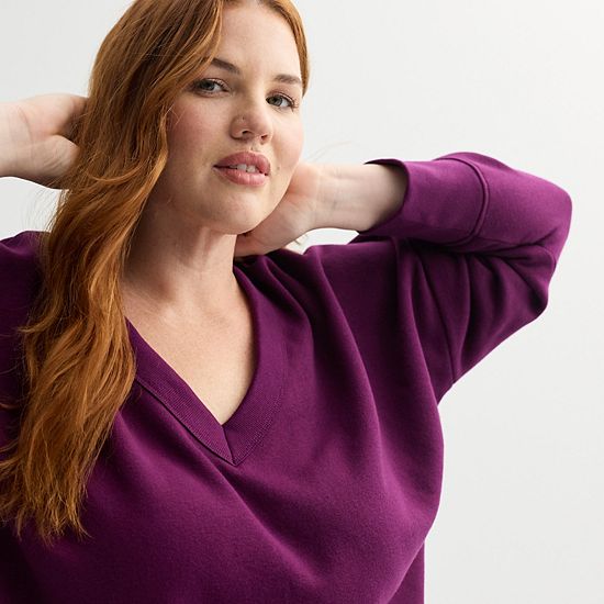 Plus Size Sonoma Goods For Life® V-Neck Relaxed Fit Fleece Sweatshirt