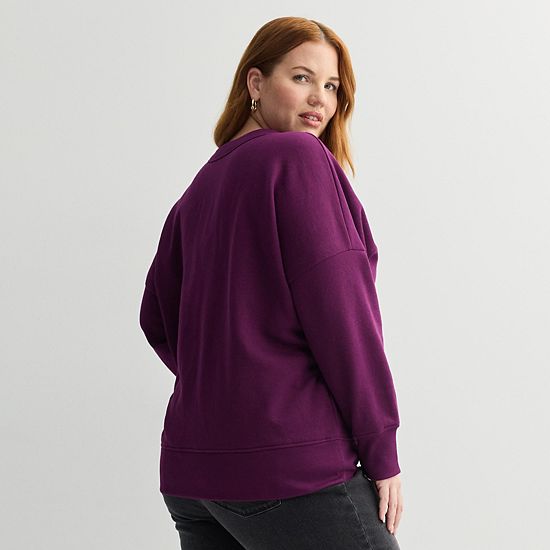 Plus Size Sonoma Goods For Life® V-Neck Relaxed Fit Fleece Sweatshirt