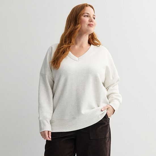 Plus Size Sonoma Goods For Life® V-Neck Relaxed Fit Fleece Sweatshirt