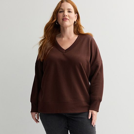 Plus Size Sonoma Goods For Life® V-Neck Relaxed Fit Fleece Sweatshirt