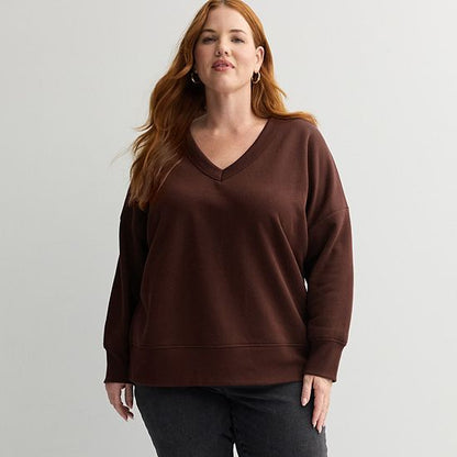 Plus Size Sonoma Goods For Life® V-Neck Relaxed Fit Fleece Sweatshirt